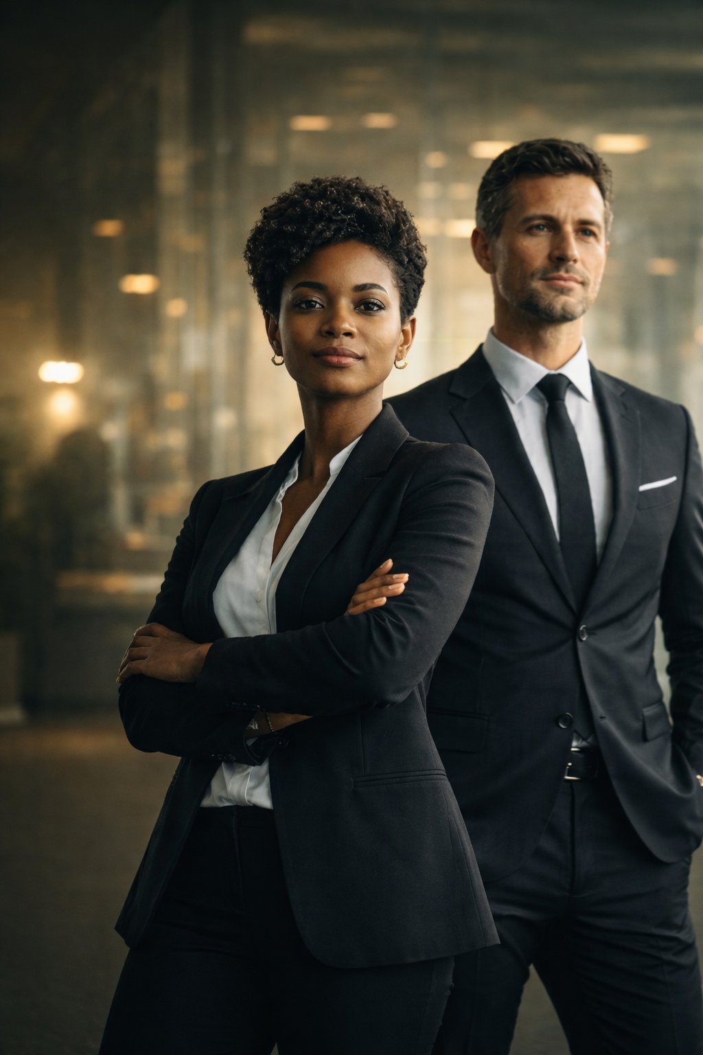 Two executives projecting authority and professional presence